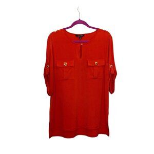 Ellen Tracy Red Top Blouse Poly Spandex SZ L Hi Lo Keyhole Gold Accents Dressy
